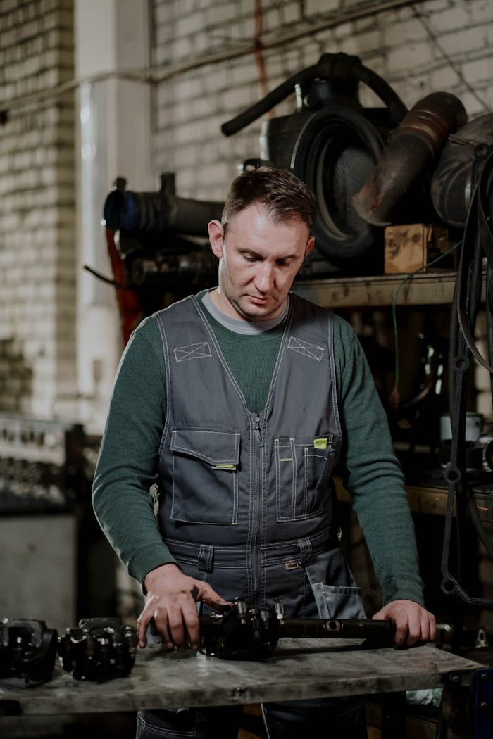 who-we-are Mechanic focuses on repairing car parts in an industrial workshop setting.